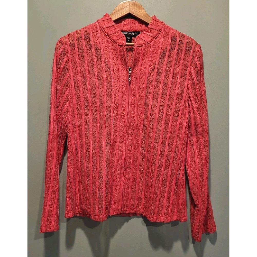 Coral Pink Sheer Lace Full Zip Lightweight Jacket Sz L